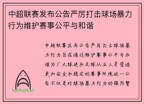 中超联赛发布公告严厉打击球场暴力行为维护赛事公平与和谐 中超联赛发布公告严厉打击球场暴力行为维护赛事公平与和谐